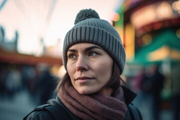 Young beautiful brunette woman in a hat and scarf on the background of the city