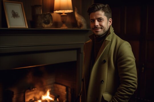 Environmental portrait photography of a cheerful man in his 30s wearing a versatile overcoat against a cozy fireplace background. Generative AI