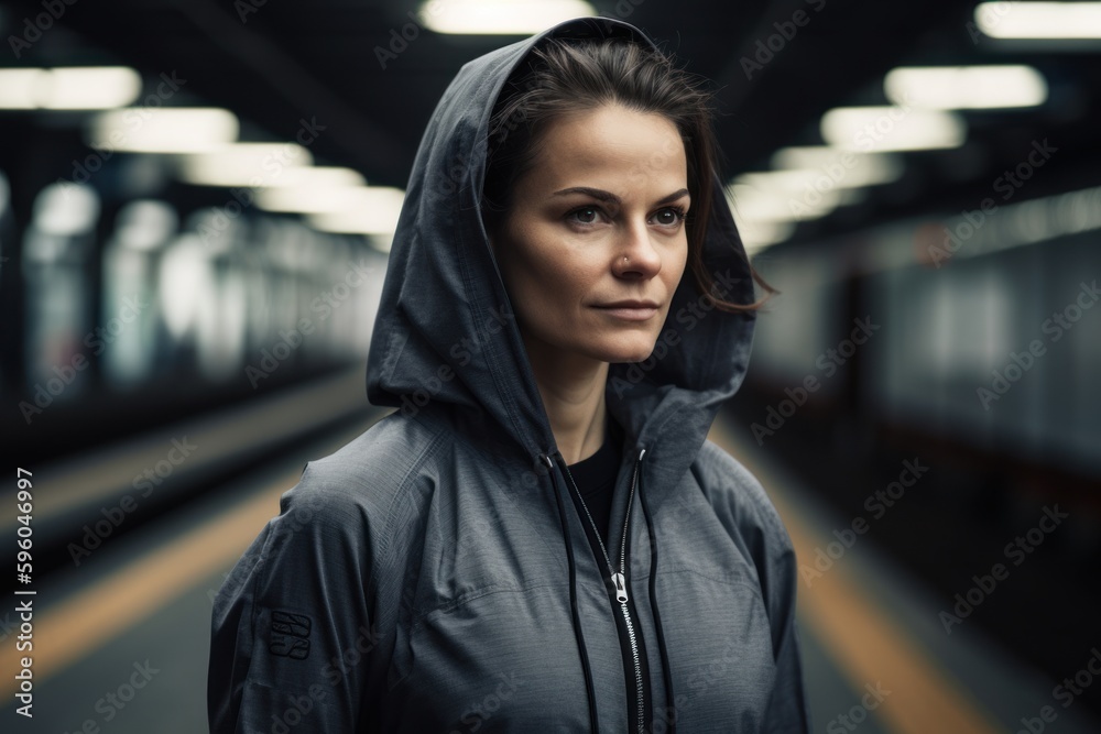 Wall mural portrait of a young woman in sportswear posing at the train station.