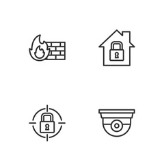 Set line Security camera, Lock, Firewall, security wall and House under protection icon. Vector