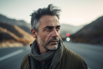 Obraz na płótnie Canvas Environmental portrait photography of a satisfied man in his 40s wearing a cozy sweater against a mountain pass or winding road background. Generative AI