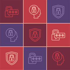 Set line Cyber security, Shield with lock and Lock icon. Vector