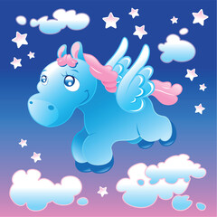 Little Pegasus in the sky , cartoon and vector illustration