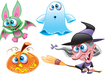 Vector Characters - Halloween - Witch, Ghost, Bat, Pumpkin. Cartoon and vector characters