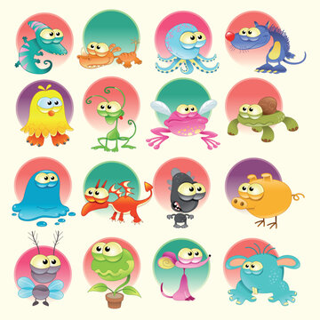 Family of monsters, cartoon and vector characters with background