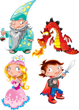 Medieval Age - Princess, Prince, Dragon, Magician. Cartoon and vector characters