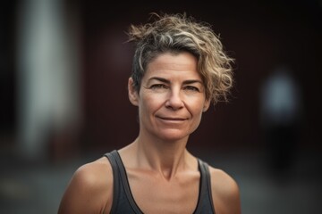 Fototapeta na wymiar Environmental portrait photography of a grinning woman in her 40s wearing a sporty tank top against a film set or hollywood background. Generative AI