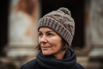 Close up portrait of a beautiful middle aged woman with hat and scarf