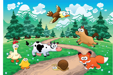 Family of animals with background. Funny cartoon and vector illustration