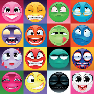 Group of expression with background. Funny vector and cartoon elements.