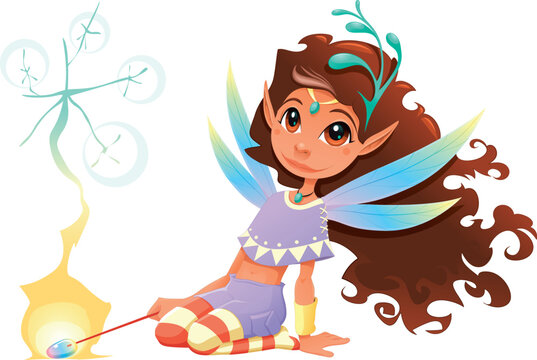 Fairy girl with magic wand. Cartoon and vector character.