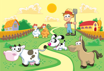 Farm Family with background. Funny cartoon and vector illustration.