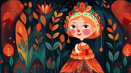 cute fairytale children book style illustration character art, cute princess walking in jungle, Generative Ai