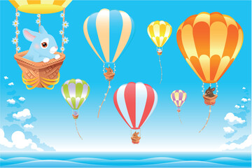 Hot air balloons in the sky on the sea with bunny. Cartoon and vector scene