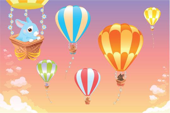 Hot air balloons in the sky with bunny. Cartoon and vector scene