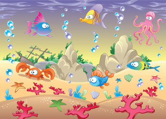 Family of marine animals in the sea. Funny cartoon and vector illustration