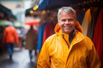Portrait of smiling senior man in raincoat standing at counter in market