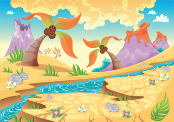Obraz na płótnie Canvas Background with tree palms and volcanoes. Funny cartoon and vector illustration.