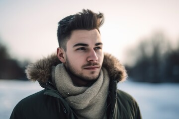 Handsome young man outdoors in winter. Close-up portrait