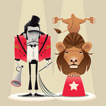 Lion Tamer with lion. Funny cartoon and vector circus illustration.