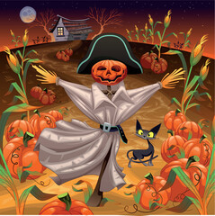 Scarecrow with pumpkins. Funny cartoon and vector illustration. Isolated objects