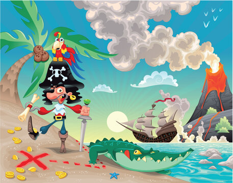 Pirate on the island. Funny cartoon and vector scene.