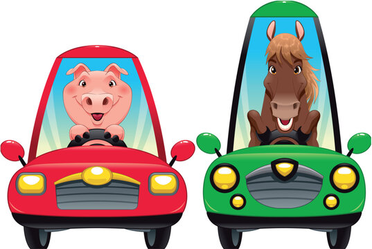 Animals in the car: Pig and Horse. Funny cartoon vector isolated characters.