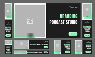 Naklejka premium Podcast web set banner template design for social media posts, branding podcast banner, podcast studio bundle banner design, editable vector eps 10 file format