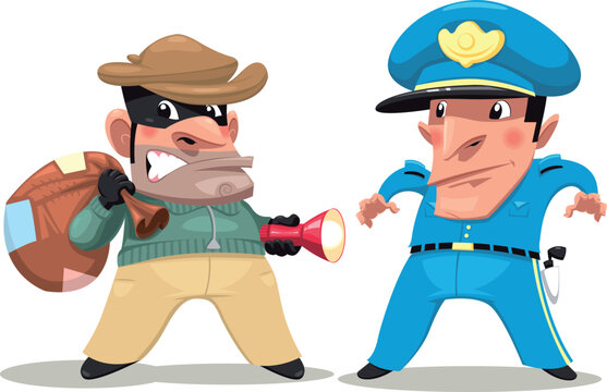 Thief and guard. Funny cartoon and vector isolated characters.