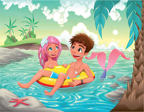 Boy and Mermaid in the sea. Funny cartoon and vector illustration. Objects isolated