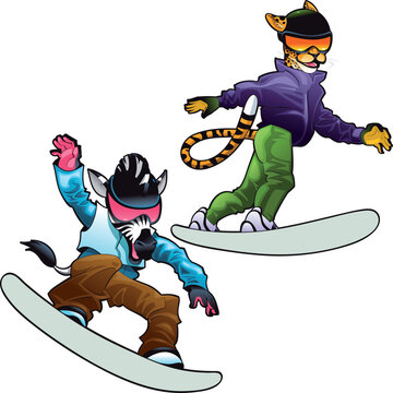 Savannah animals on snowboard. Vector isolated characters.