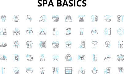 Spa basics linear icons set. Relaxation, Pampering, Massage, Soothing, Aromatherapy, Meditation, Skincare vector symbols and line concept signs. Rejuvenation,Sauna,Wellness illustration