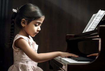 The girl plays the piano in a music studio. Music school concept. Generative ai