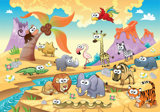 Savannah animal family with background. Funny cartoon and vector illustration, isolated objects.