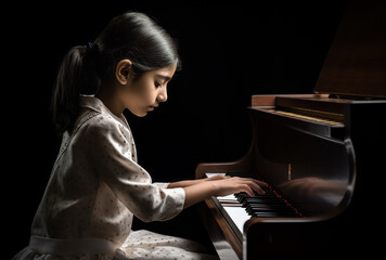 The girl plays the piano in a music studio. Music school concept. Generative ai