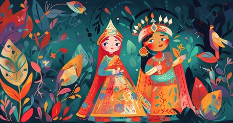 Obraz na płótnie Canvas cute fairytale children book style illustration character art, cute princesses walking in jungle, Generative Ai