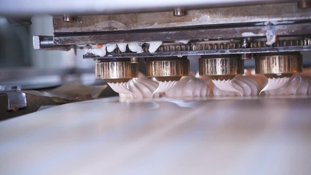 Automated line for the production of sweet souffle, marshmallow. A close-up of the formation of confectionery products. Factory of natural food products.