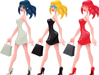 Shopping  Girls. Cartoon and vector isolated characters.