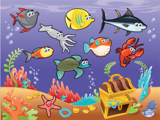 Naklejka na ściany i meble Family of funny fish under the sea. Vector illustration.