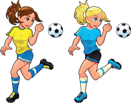 Soccer female players. Vector cartoon and isolated sport characters.