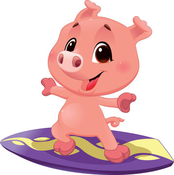 Pig with surf. Funny cartoon and vector sporty isolated character