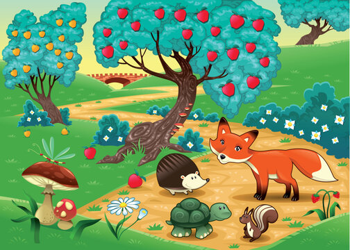 Animals in the wood. Funny cartoon and vector illustration