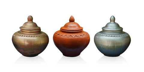 antique three color, gold and brown and silver clay pots and lids on white background, vintage,...