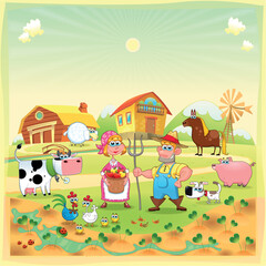 Obraz na płótnie Canvas Farm Family. Funny cartoon and vector illustration.