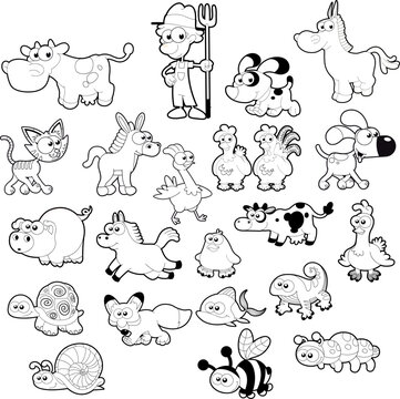 Farm animal family. Vector isolated black and white characters.