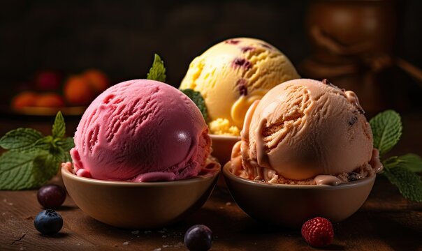 Three different flavor ice creams, generative AI