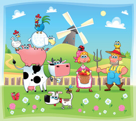 Funny farm family. Cartoon and vector illustration.  Eps file contains isolated objects and characters.
