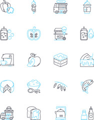 Lunch linear icons set. Refuel, Savor, Nourish, Break, Bite, Grab, Feast line vector and concept signs. Recharge,Satisfy,Indulge outline illustrations
