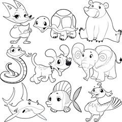 Set of animals in black and white. Cartoon and vector isolated characters.