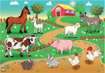 Obraz na płótnie Canvas Farm animals with background. Vector and cartoon illustration.